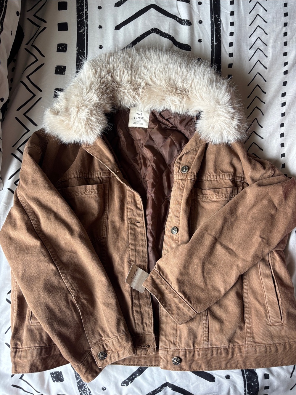 We The Free Brown Jean Jacket with Cream Faux Fur Hood
